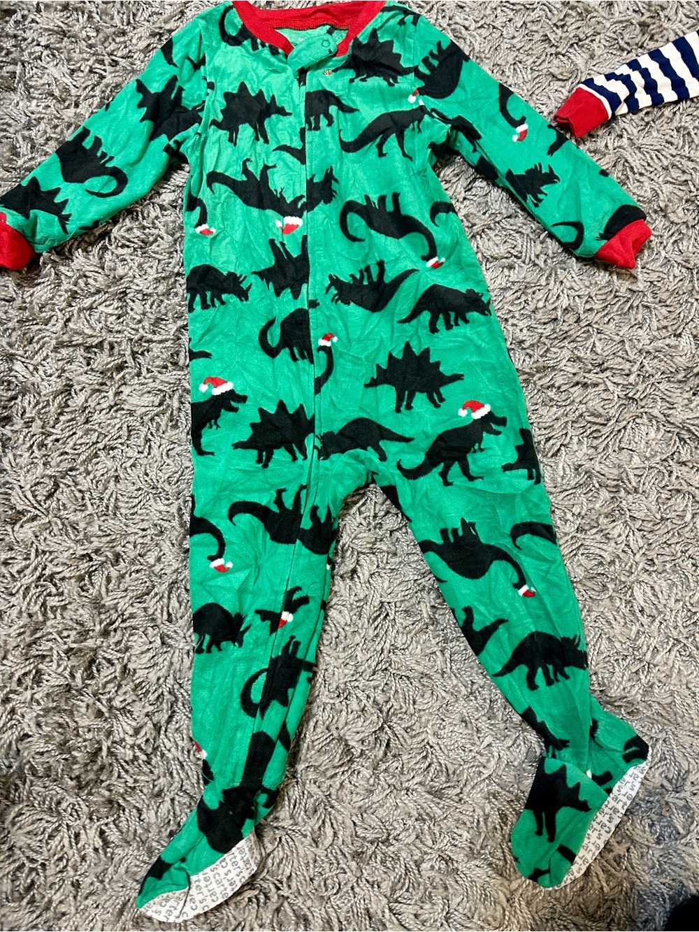 Carter's Green Footed One-Piece with Black Dinosaur Print and Red Trim